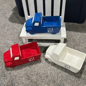 3 Rae Dunn "USA" Red-White-Blue Ceramic Trucks